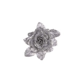 Fleur en sequins argentés, pétales scintillants, forme délicate et élégante.