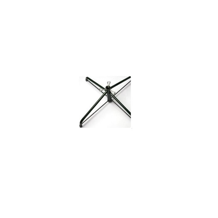 A black, metal stand with four legs forming an X shape at the center.