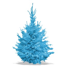 Een felblauwe, volle dennenboom met uitbundige takken en een speelse uitstraling.