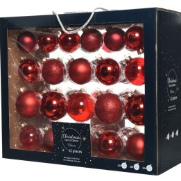 A box containing 42 shiny red Christmas ornaments in various textures and finishes.