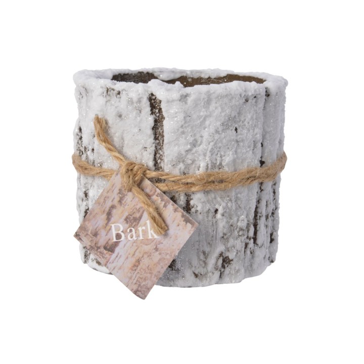 A rustic, whitewashed bark planter with a twine bow and a tag attached.