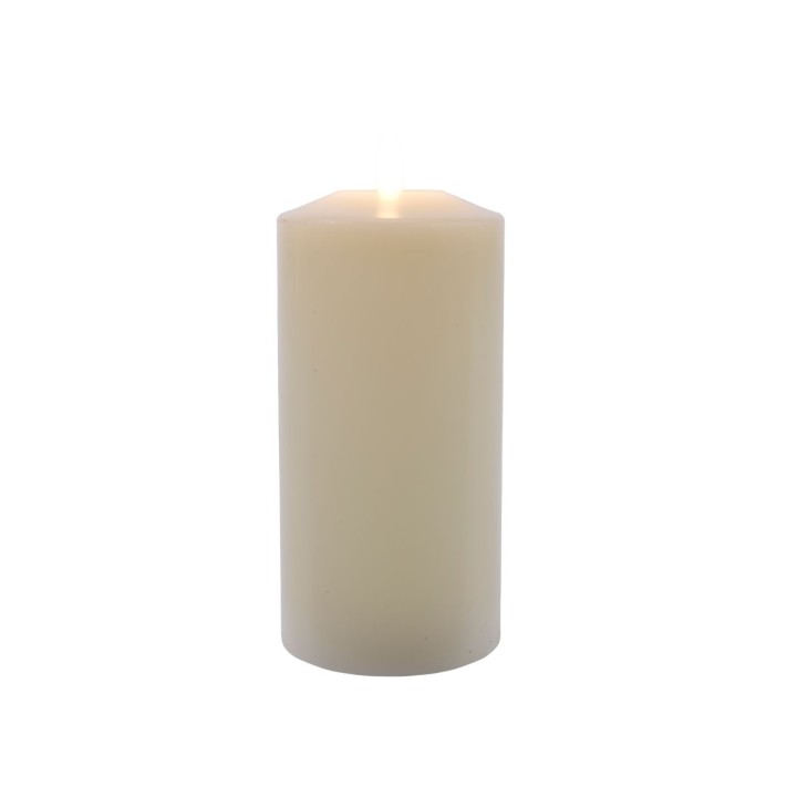 A smooth, ivory pillar candle with a soft glow at the top.