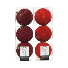 Two clear boxes containing six decorative Christmas ornaments in shades of red and burgundy.