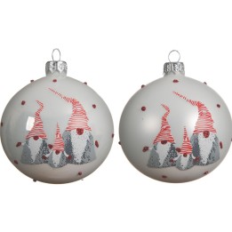 Two round, white ornaments with whimsical gnomes in red and gray, adorned with small red dots.