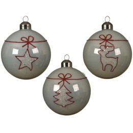 Three glossy white Christmas ornaments with red designs: a star, a tree, and a reindeer.