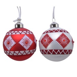 Two decorative Christmas ornaments, one red and one white, adorned with festive patterns.