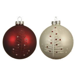 Two decorative Christmas ornaments: one deep red, the other frosted white with tree designs.