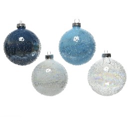 Four decorative Christmas ornaments in varying shades of blue and white, with frosted textures.