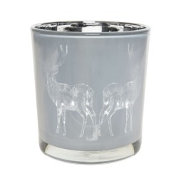 Vase gris orné de silhouettes de cerfs blanches, élégant et moderne.