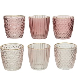 Three pairs of decorative glass cups in pink and clear, featuring intricate patterns and gold rims.
