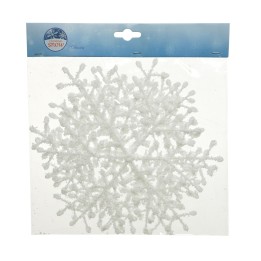 A shimmering white snowflake decoration with intricate, branching patterns.