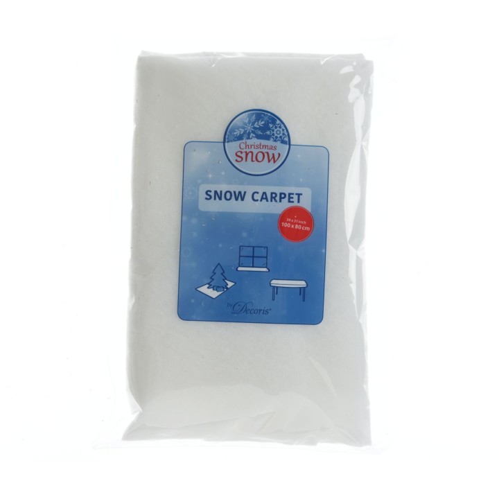 A white, fluffy material packaged as a festive snow carpet for holiday decorations.