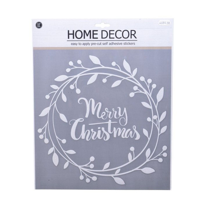 White decorative sticker with "Merry Christmas" in a floral wreath on a gray background.