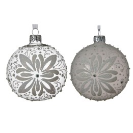Two elegant white Christmas ornaments with intricate silver designs and sparkling accents.