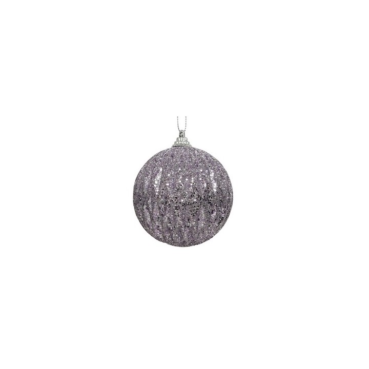 A shimmering purple ornament covered in sparkling glitter, reflecting light beautifully.