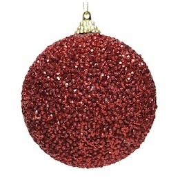 Boule de Noël rouge, couverte de paillettes scintillantes, avec un accroche en métal doré.