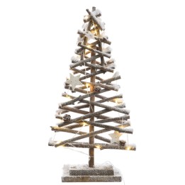 Sapin en branches boisées, décoré de neige artificielle et d'étoiles lumineuses.