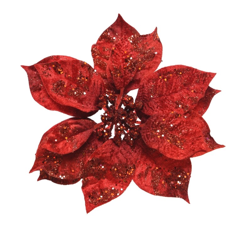 A vibrant red poinsettia with glittering leaves and a textured surface.
