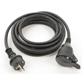 Câble électrique noir, rouleau flexible avec prise et connecteur rotatif.