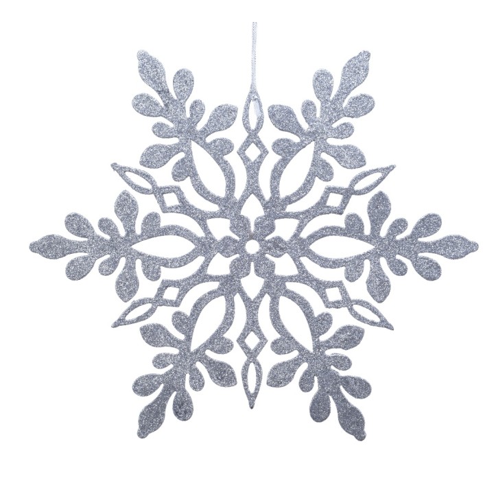 A sparkling silver snowflake with intricate, delicate patterns and a shimmering finish.
