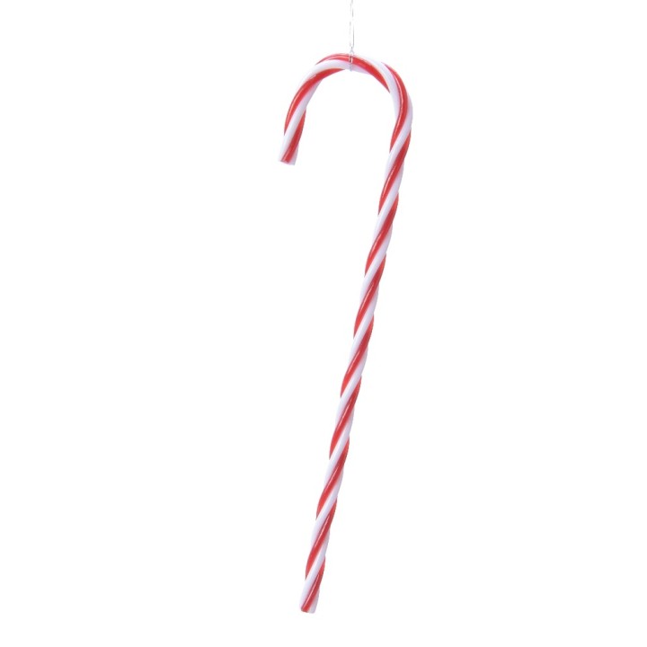A red and white striped candy cane with a classic curved top.