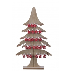 Arbre en bois décoratif avec étoiles rouges, calendrier de l'Avent festif.