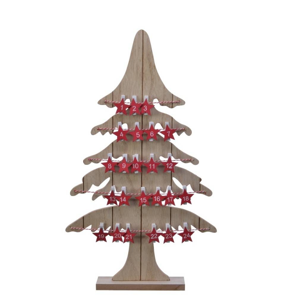 Arbre en bois décoratif avec étoiles rouges, calendrier de l'Avent festif.