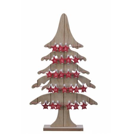 Arbre en bois décoratif avec étoiles rouges, calendrier de l'Avent festif.