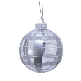 A shiny, silver-striped ornament with a reflective surface, shaped like a perfect sphere.