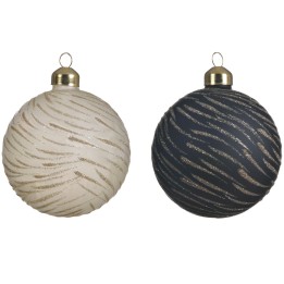 Boules de Noël beige et noire ornées de motifs dorés, élégantes et festives.