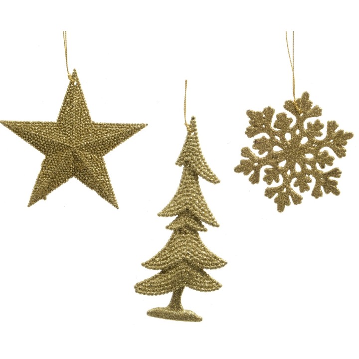 Ornements dorés en forme d'étoile, sapin et flocon, élégants et festifs.