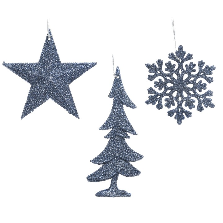 Drie glinsterende kerstdecoraties in blauw: een ster, een boom en een sneeuwvlok.