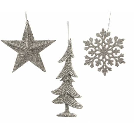 Décorations de Noël en métal argenté : étoile, sapin et flocon de neige.
