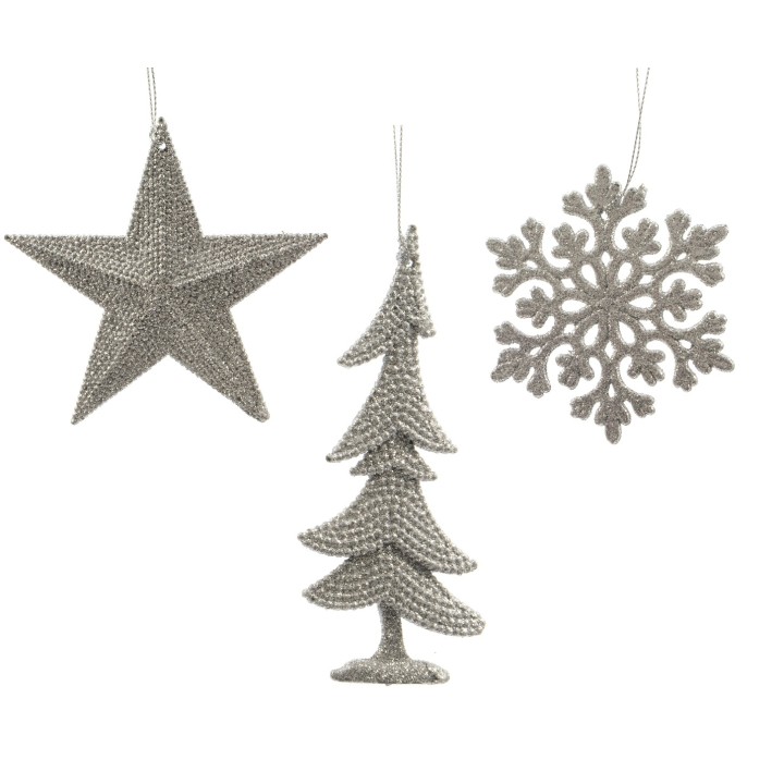 Three silver holiday ornaments: a star, a Christmas tree, and a snowflake, all textured and shimm...