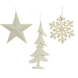 Ornements de Noël en forme d'étoile, sapin et flocon, dans des tons blancs délicats.