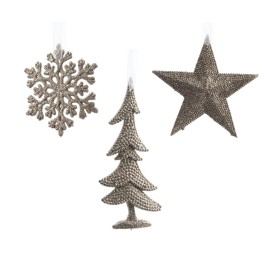 Décorations en métal argenté : flocon, étoile et sapin, scintillants et festifs.
