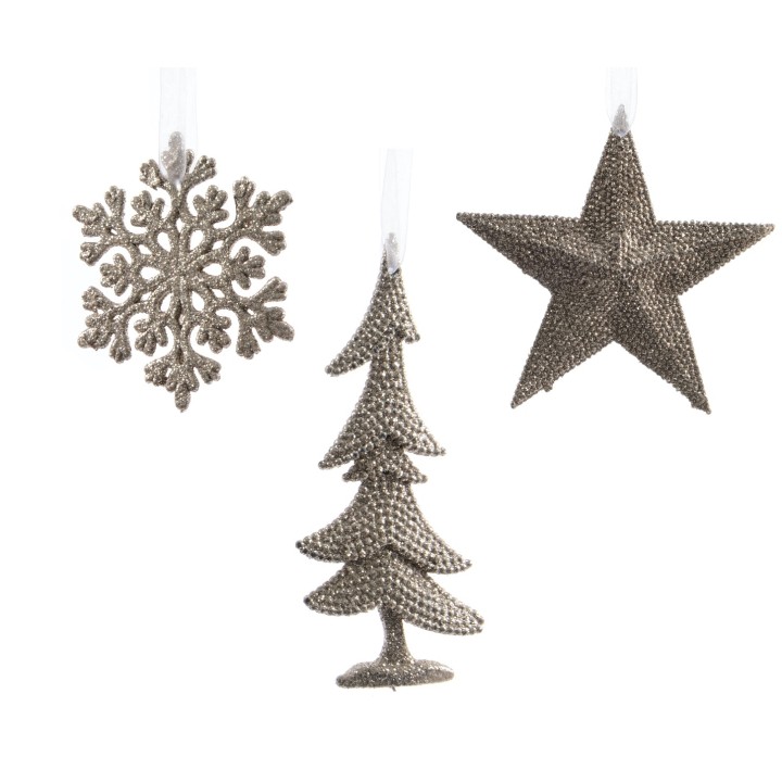 Three metallic holiday ornaments: a snowflake, a star, and a Christmas tree, all in silver tones.