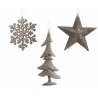 Décorations en métal argenté : flocon, étoile et sapin, scintillants et festifs.