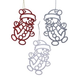 Three glittery snowman ornaments in red, silver, and white, each wearing a hat and scarf.