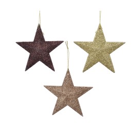 Three glittery star ornaments in bronze, gold, and deep maroon hues, hanging with gold strings.
