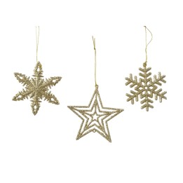 Three glittering gold ornaments: a snowflake, a star, and a decorative snowflake shape.