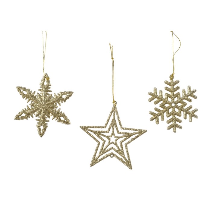 Drie gouden kerstdecoraties: een ster, een sneeuwvlok, en een gestructureerde ster, glinsterend.