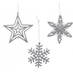 Étoiles et flocons argentés scintillants suspendus, évoquant la magie hivernale.