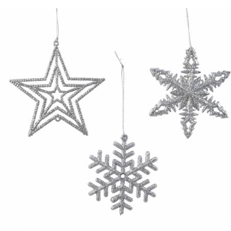Three shimmering silver ornaments: a star and two snowflakes, all adorned with sparkles. Three shimmering silver ornaments: a star and two snowflakes, all adorned with sparkles.