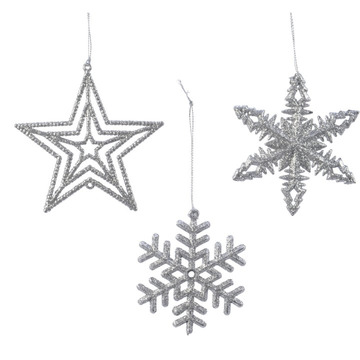 Three shimmering silver ornaments: a star and two snowflakes, all adorned with sparkles.