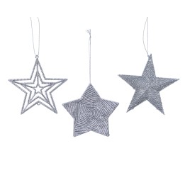 Three silver star ornaments with intricate designs and hanging loops.