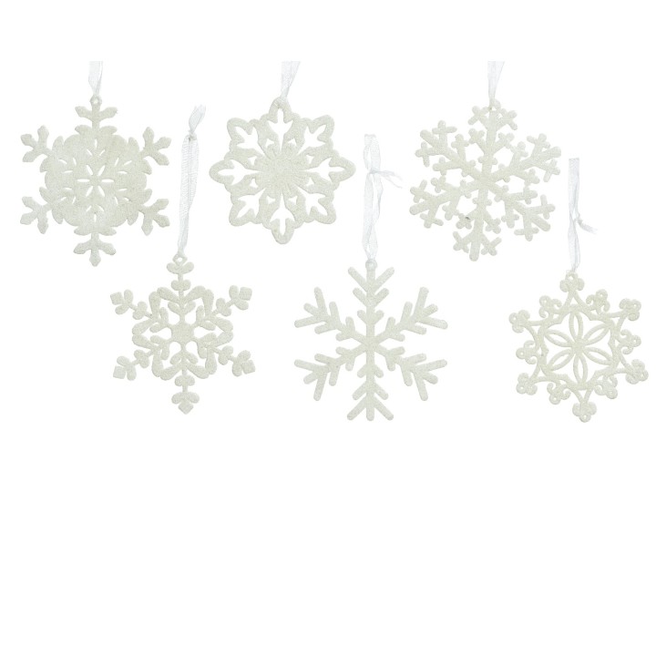 Delicate white snowflake ornaments, each with unique intricate patterns, hang on thin threads.