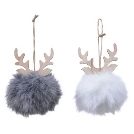 Two fluffy pom-poms, one gray and one white, each topped with wooden antlers.