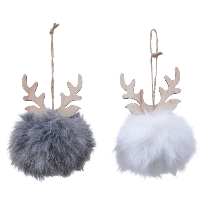 Twee schattige kerstballen van pluche met houten geweihornamenten, één grijs en één wit.