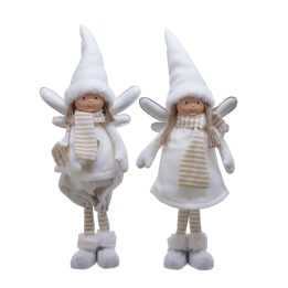 Two whimsical dolls dressed in white with fluffy hats and wings, exuding a cheerful, festive vibe.